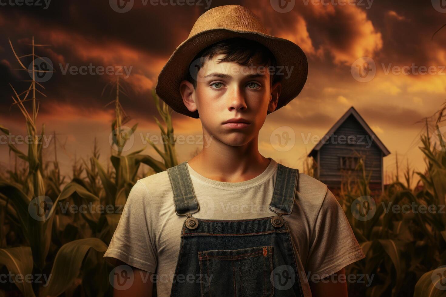 Young farmer standing in corn field at sunset with dramatic sky photo
