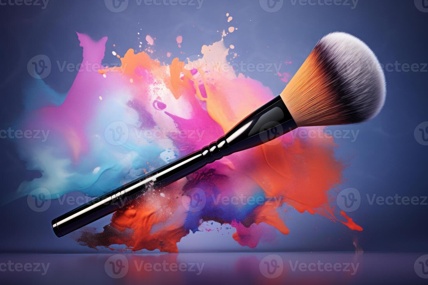 Professional makeup brush creating colorful explosion of pigments on gradient background photo