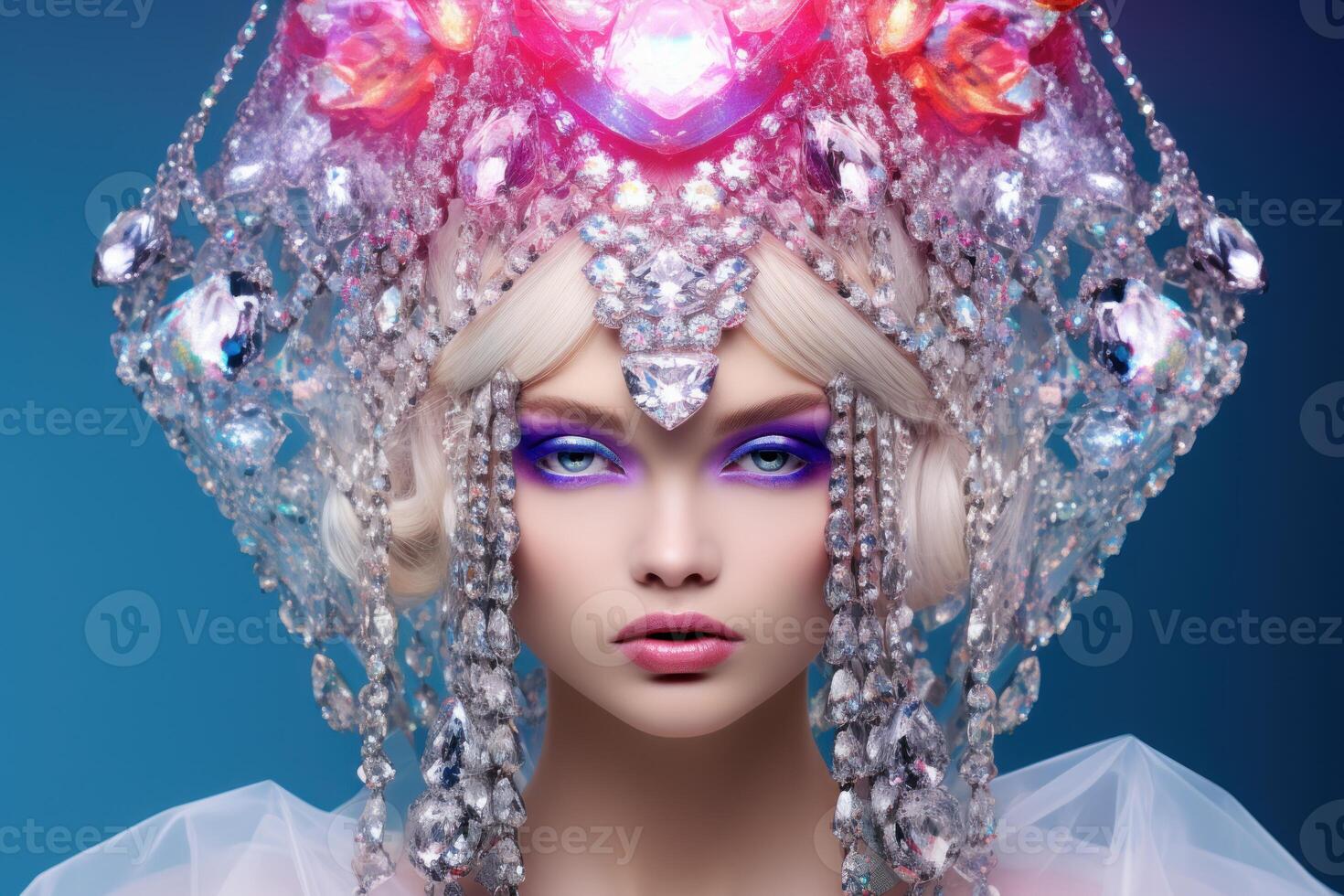 Beautiful woman wearing fantasy kokoshnik with diamonds and crystals posing on blue background photo