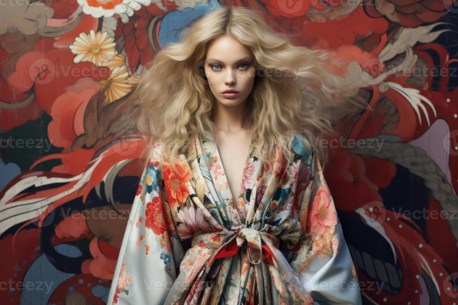 Fashion model wearing floral kimono posing in front of oriental painting photo