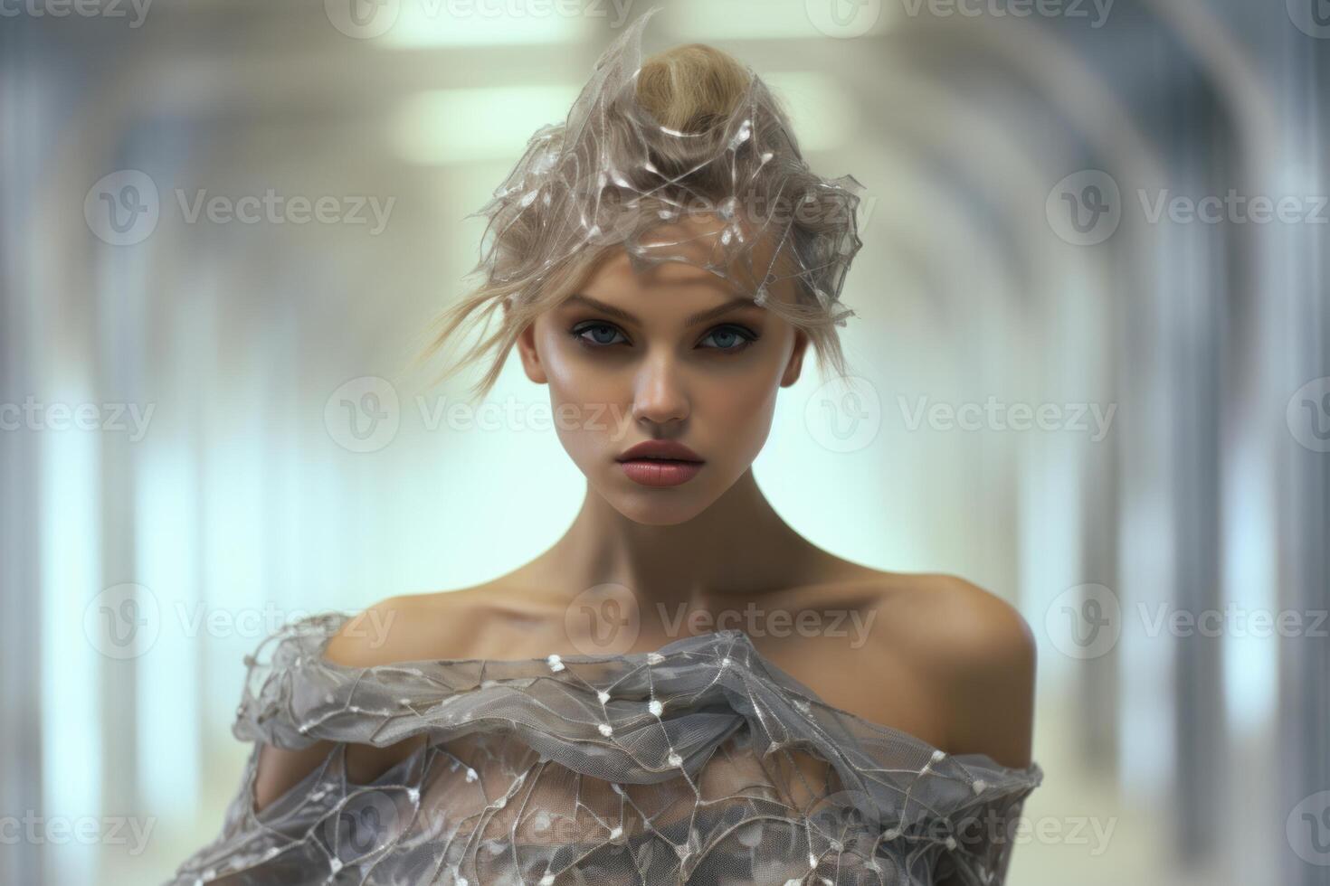 Fashion model wearing futuristic silver dress and headwear posing in corridor photo