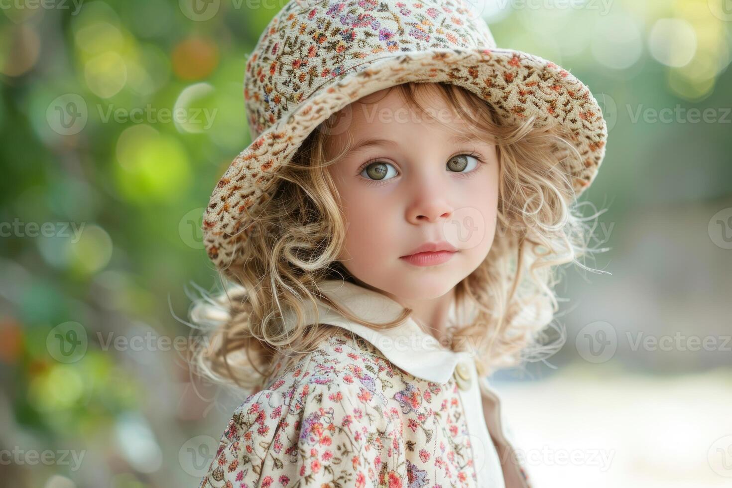Portrait of adorable little girl wearing floral print dress and hat in nature photo