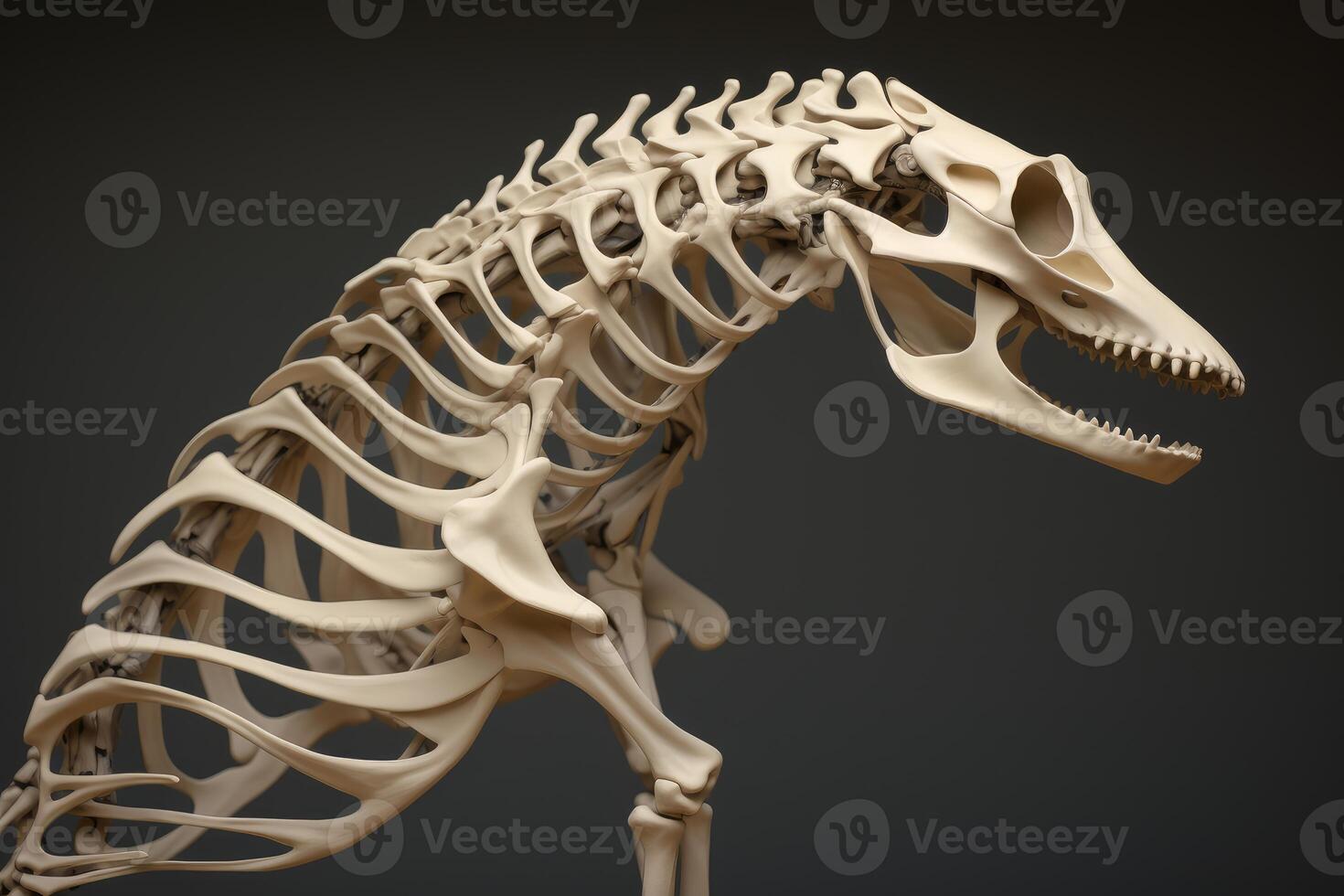 Dolphin skeleton showing vertebral column, ribs, skull and teeth photo