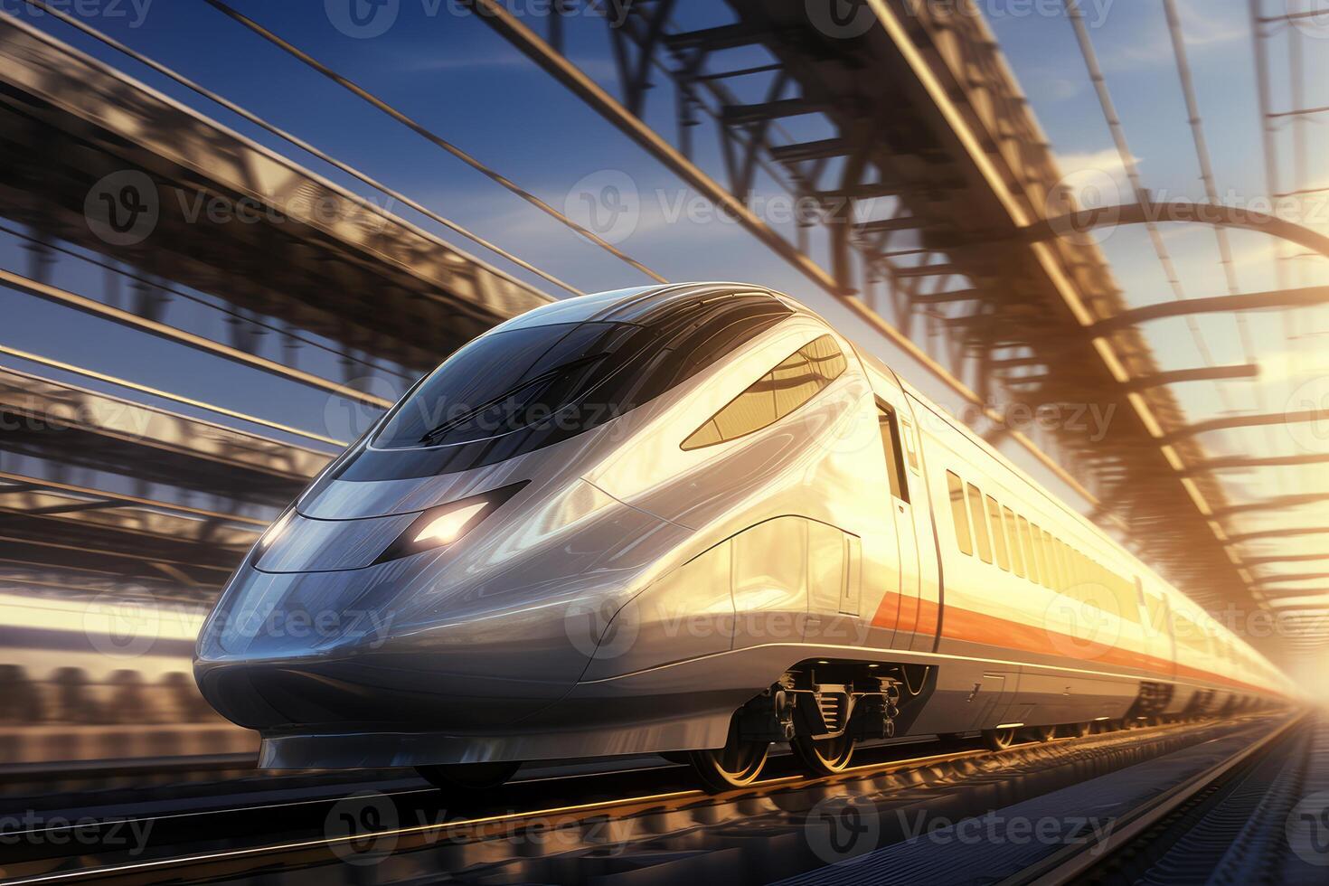 Modern high speed train traveling under a bridge at sunset photo