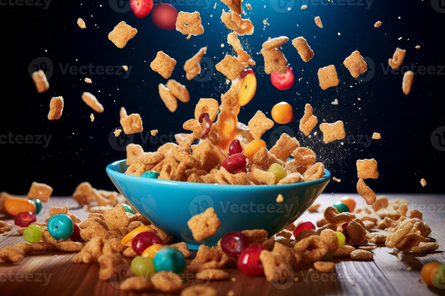 Cereal, candies and fruits exploding over a blue bowl photo
