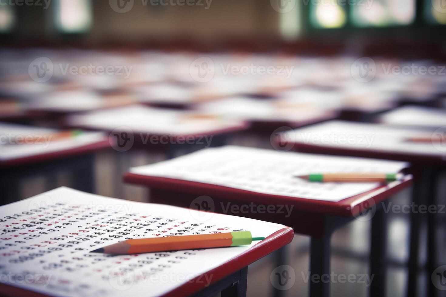 Pencil laying on optical mark recognition test sheet in empty classroom photo
