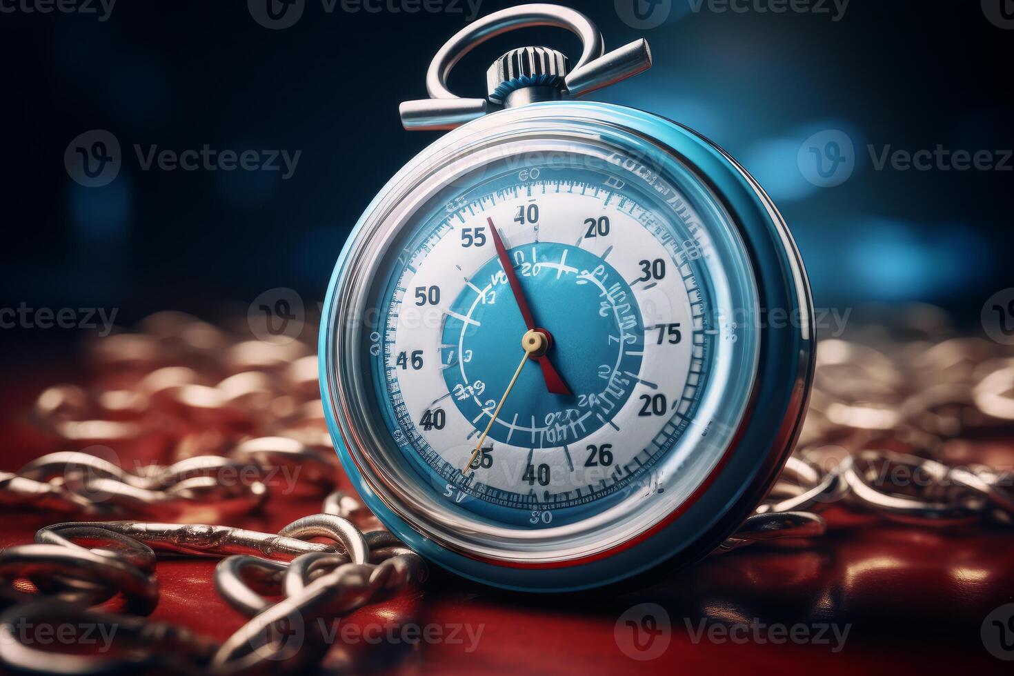 Stopwatch lying on metal surface with chain measuring time and duration photo