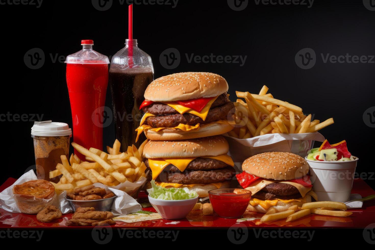 Big portions of fast food create an unhealthy meal with burgers, fries, fried chicken, nuggets, sauces and soda drinks photo