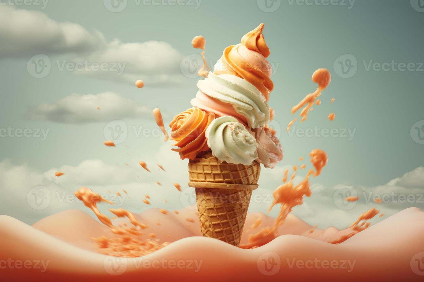 Ice cream cone splashing into a creamy sea under cloudy sky photo