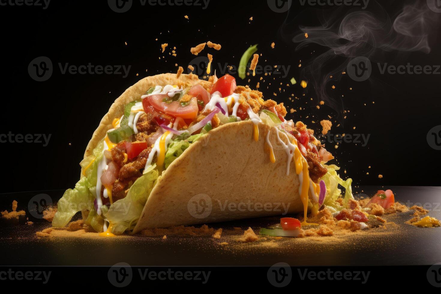Delicious taco exploding with fresh ingredients on black background photo
