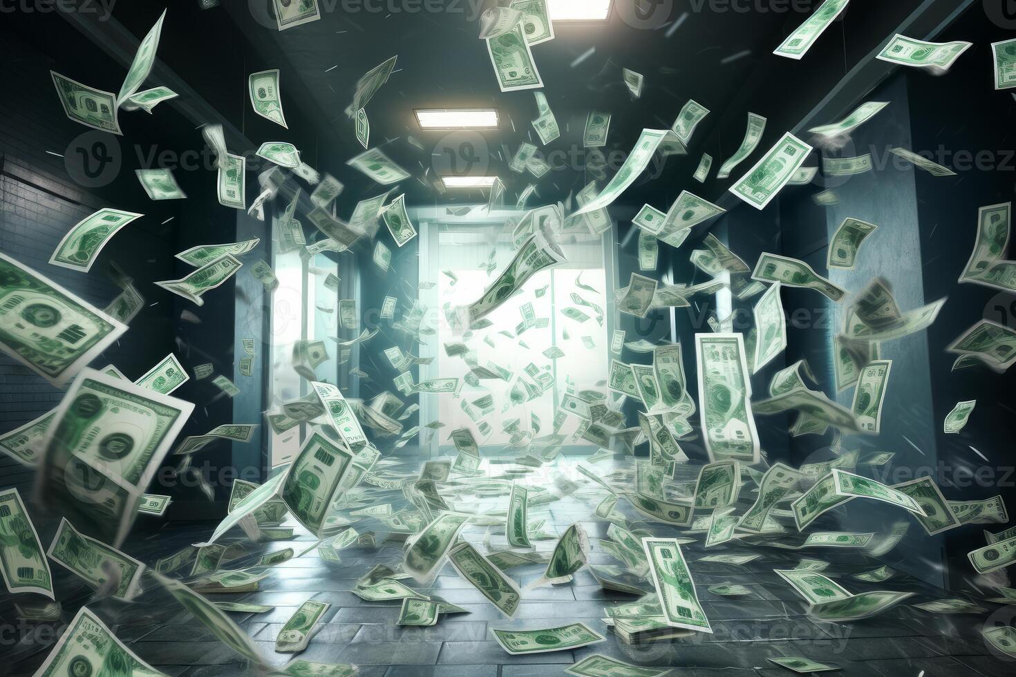 Money falling from the sky in an office hallway photo