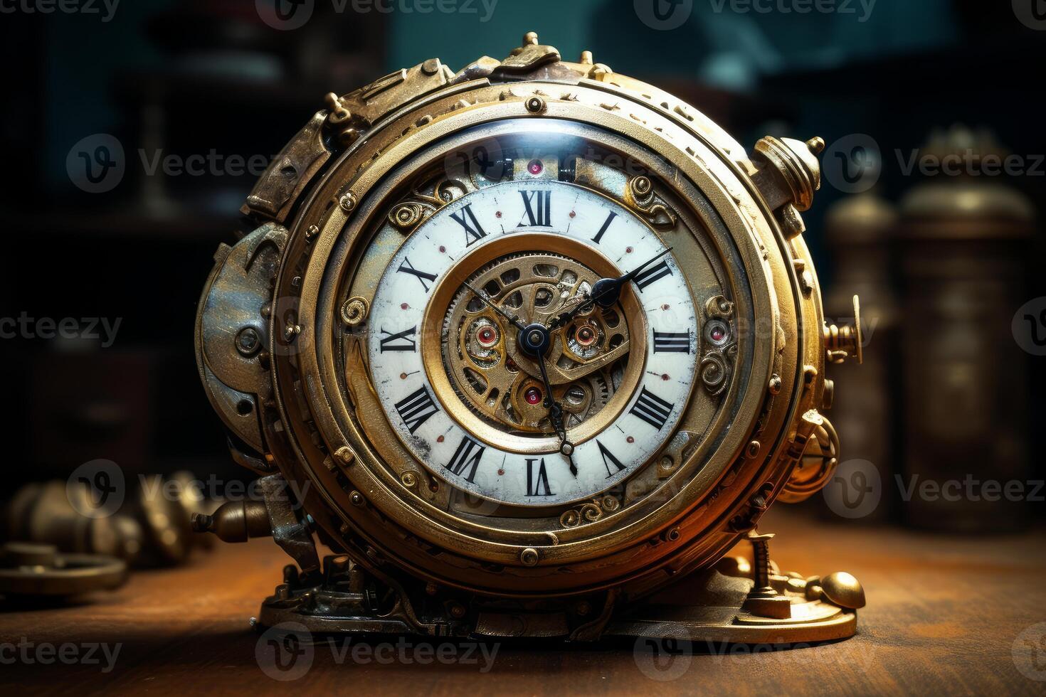 Steampunk clock showing time in a workshop setting with visible gears photo