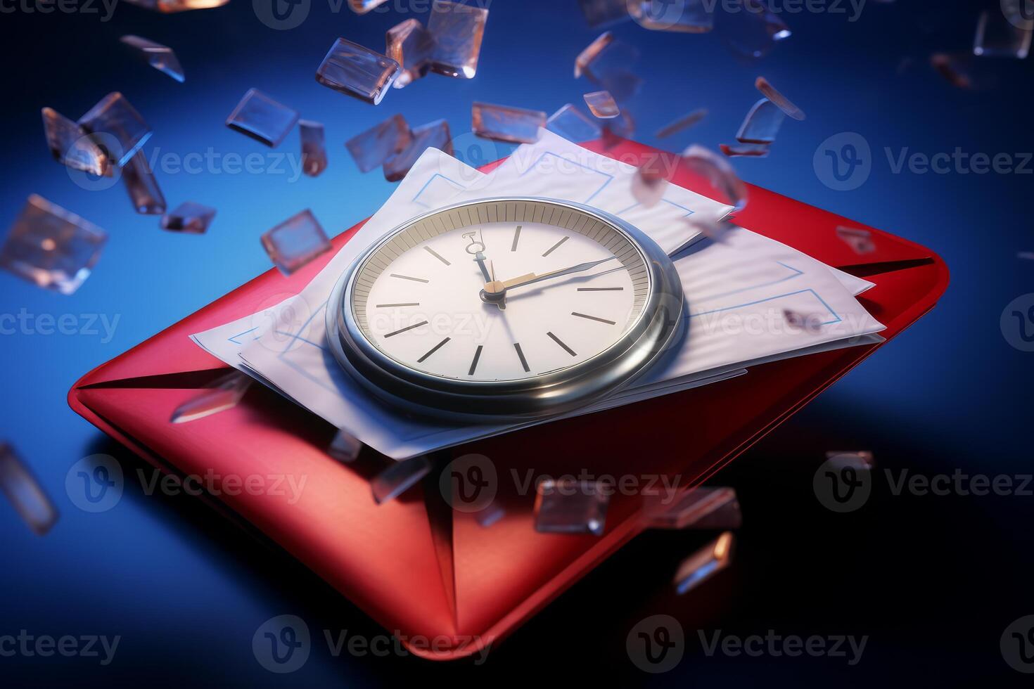 Clock ticking on red envelope with flying shards symbolizing urgency and deadline photo