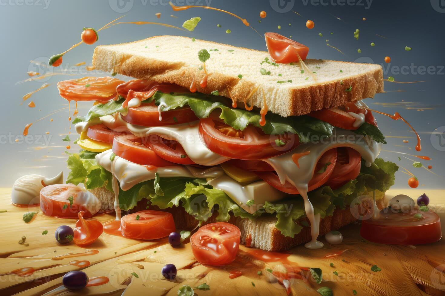Delicious sandwich with cheese, tomatoes, lettuce and sauce dripping on wooden table photo
