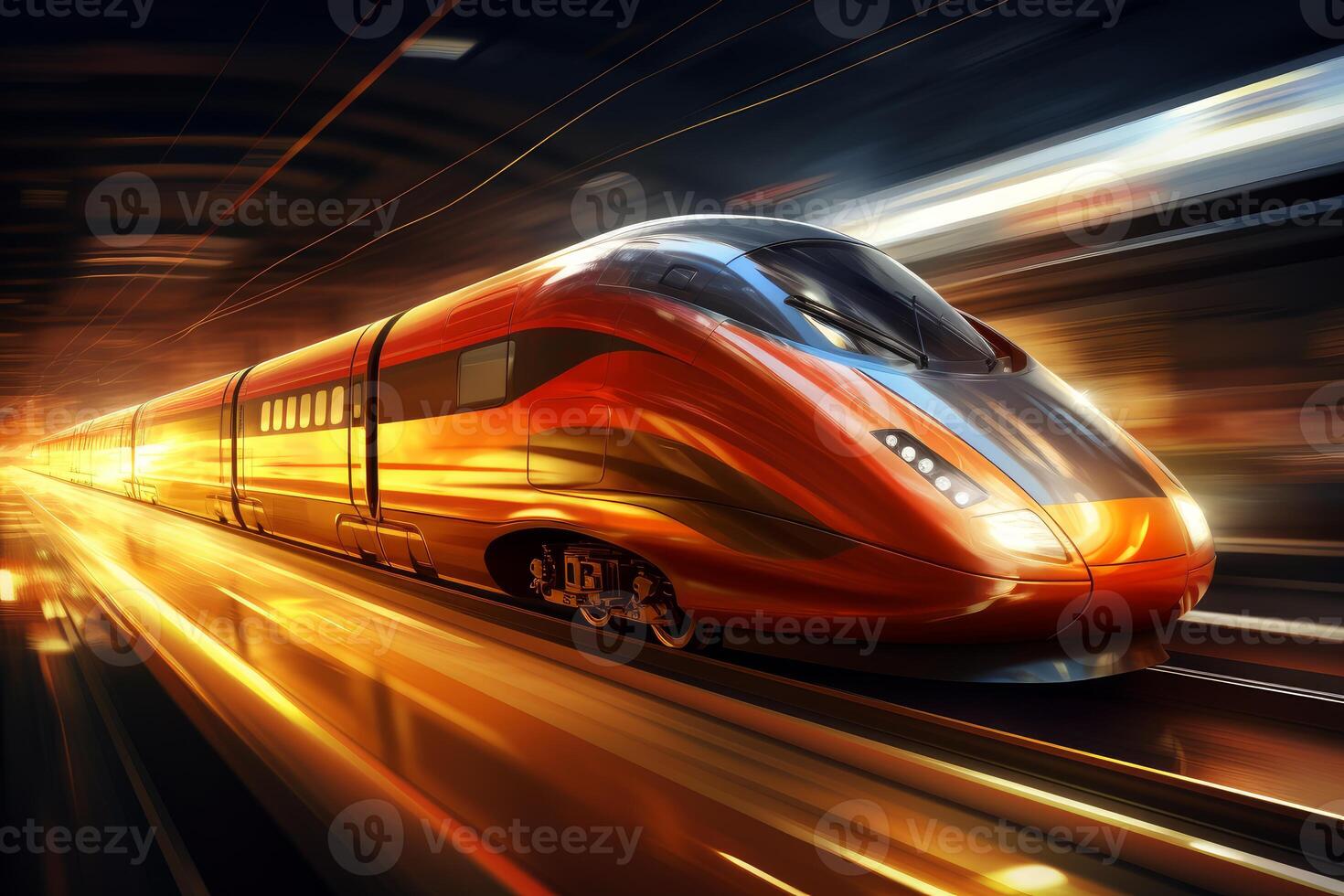Modern high speed train traveling fast at night inside a tunnel photo