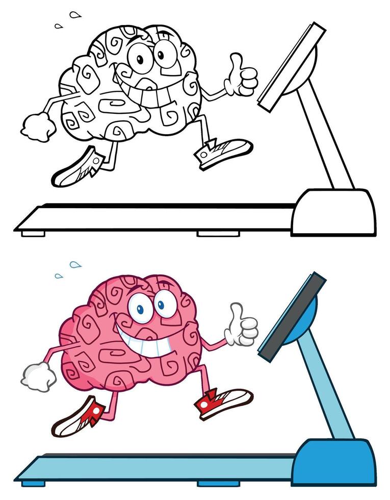 Cartoon Brain Character Running On Treadmill In Color And Outline vector