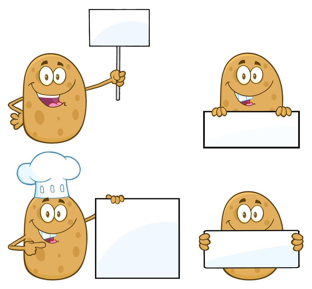 Set Of Funny Potatoes With Empty Posters And Chef Hat vector