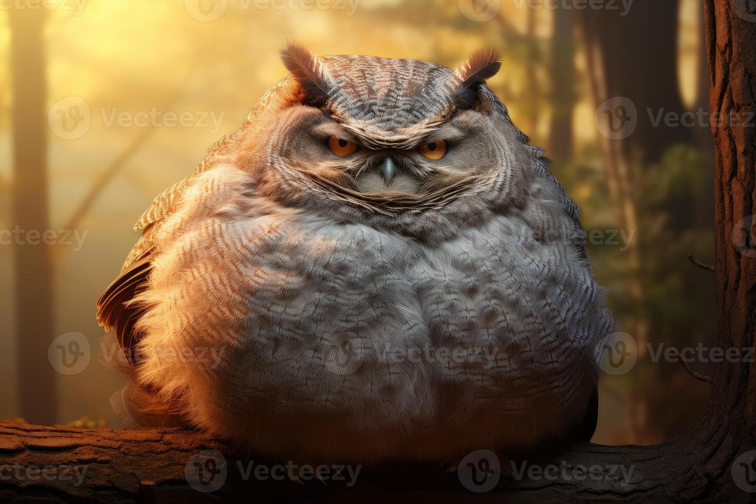 Round owl sitting on a branch in a forest at sunset photo