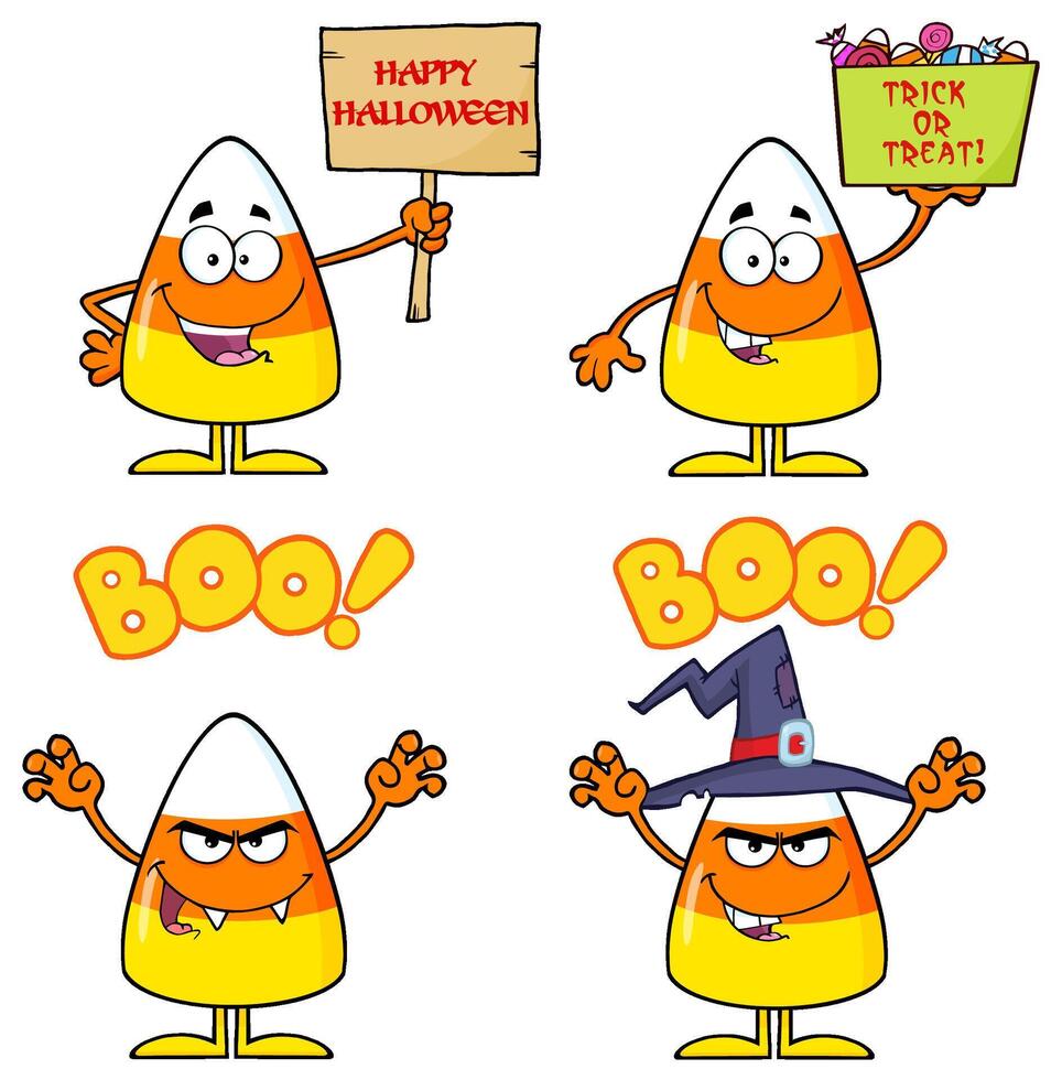 Cartoon Candy Corn Characters With Halloween Signs And Boo Text vector
