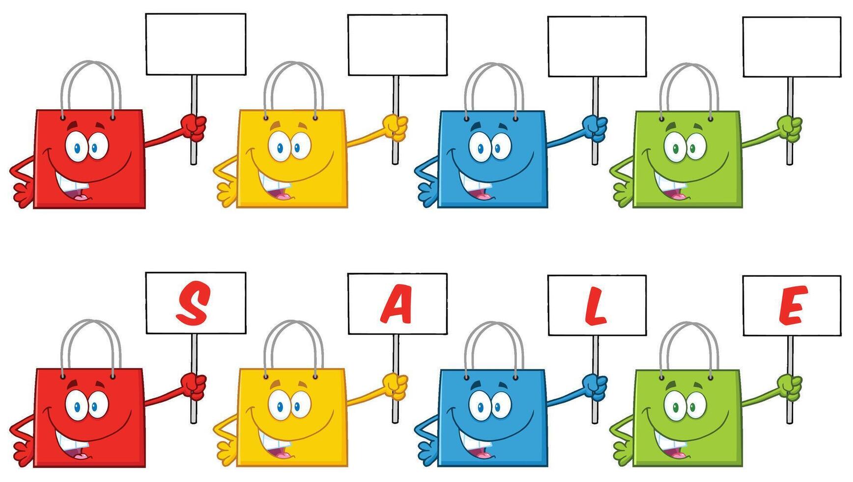 Cartoon Shopping Bag Characters Holding Blank And SALE Signs vector