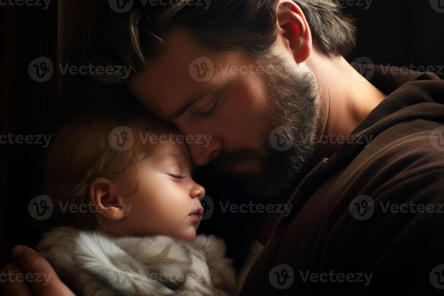 Father embracing sleeping baby girl in warm light photo