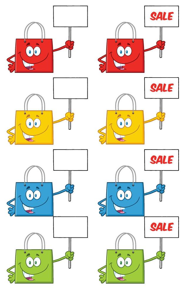 Smiling Shopping Bag Icons With Signs In Red, Yellow, Blue And Green vector