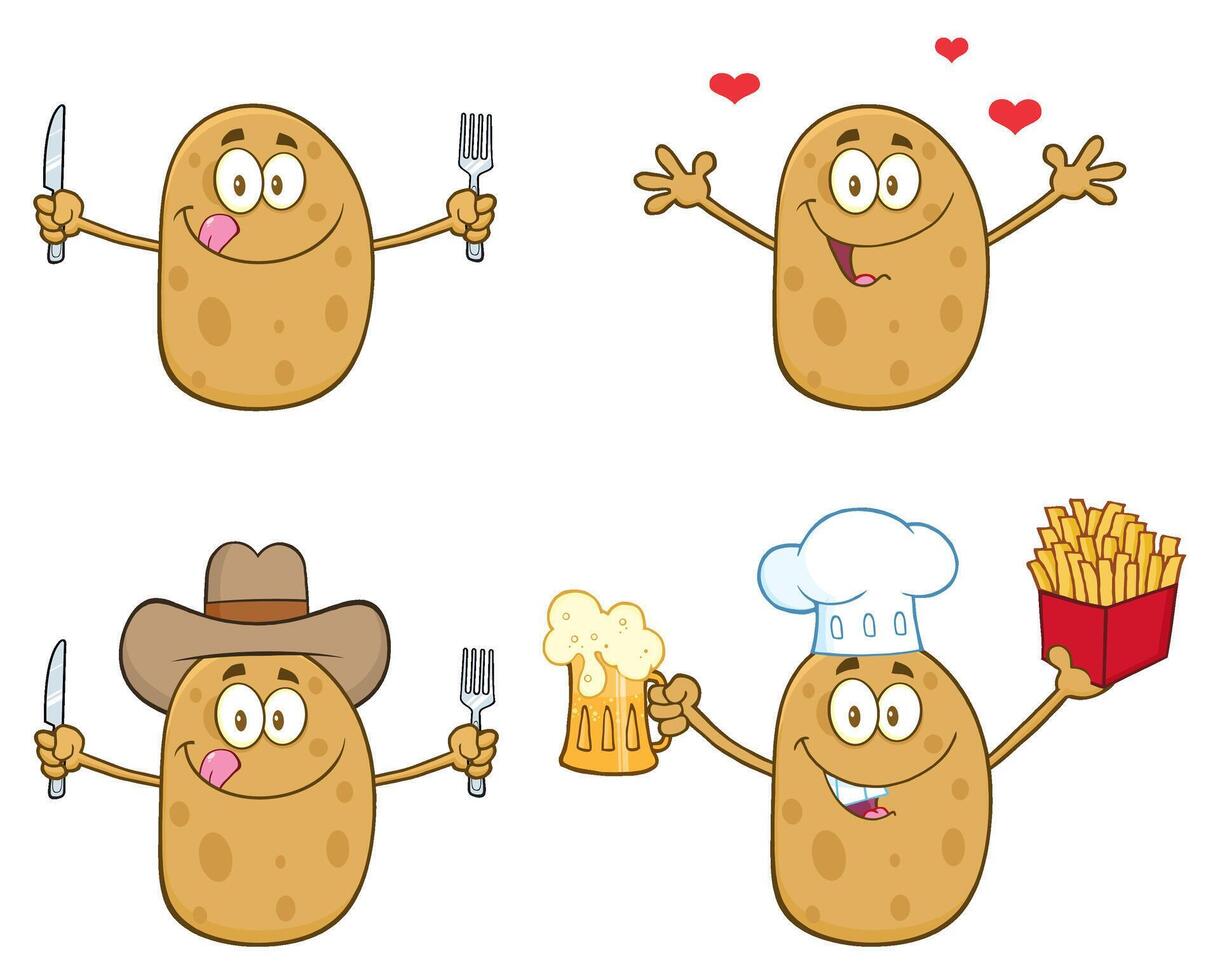 Cartoon Potato Characters With Fork, Knife, Beer And French Fries vector