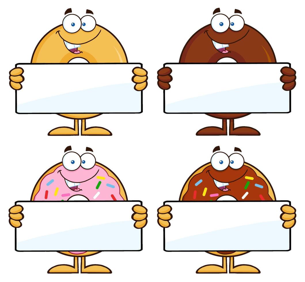 Cartoon Donut Characters Holding Blank Horizontal Signs vector