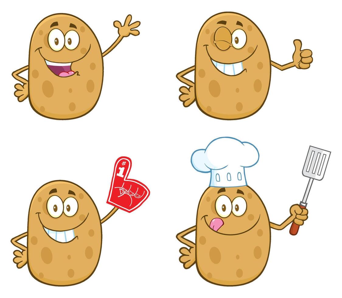 Funny Potato Mascots With Chef Hat, Spatula And Foam Finger vector