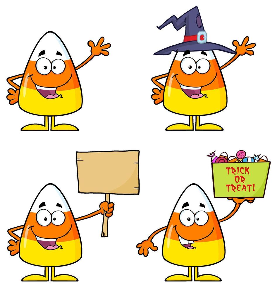Cartoon Candy Corn Characters With Trick Or Treat Basket And Signs vector
