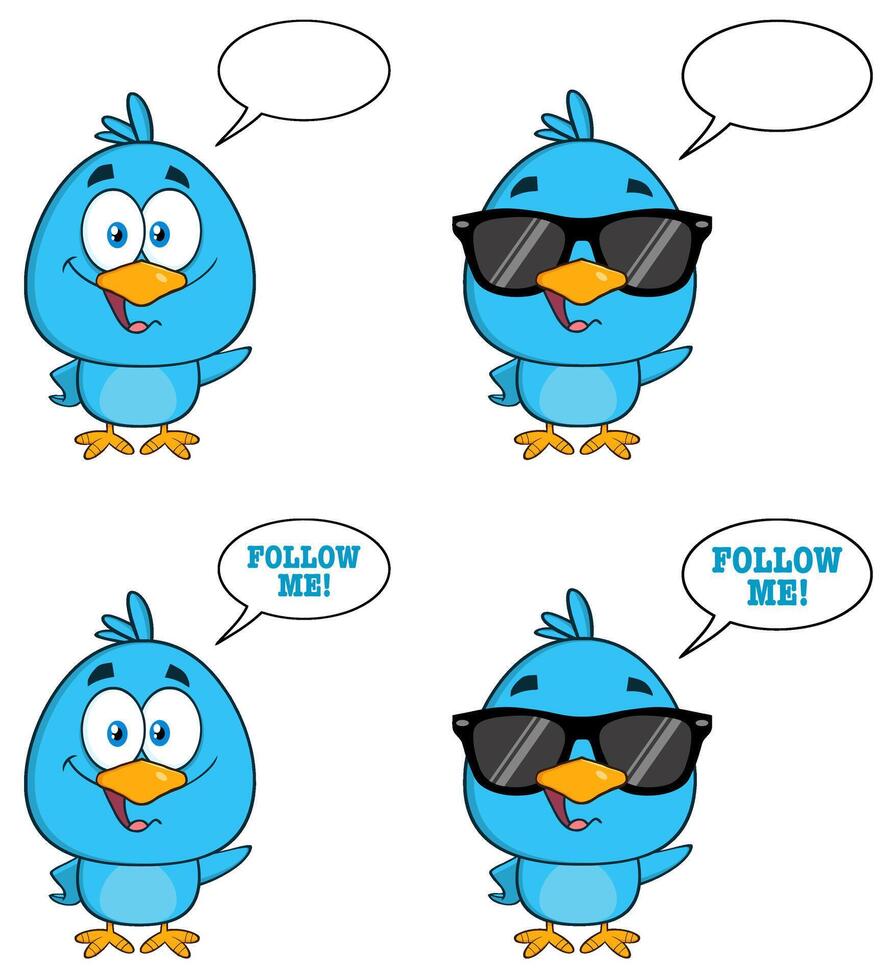 Cartoon Blue Birds With Speech Bubbles And Follow Me Text vector