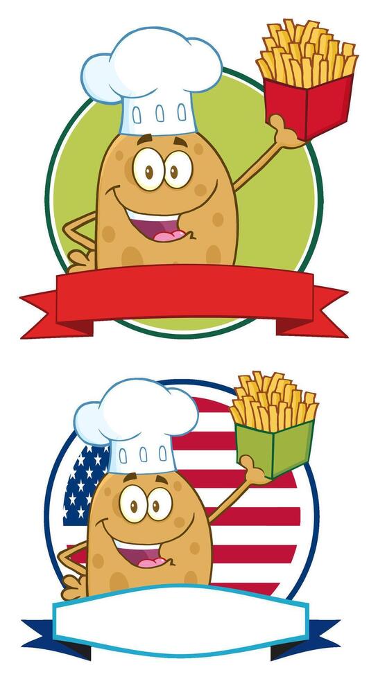 Cartoon Chef Potato Logo With French Fries And Blank Ribbon Banner vector
