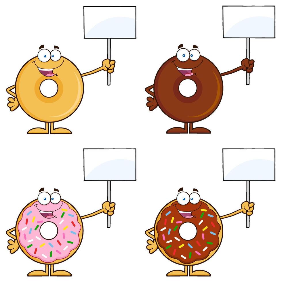 Cartoon Donut Characters Holding Blank Signs Up High vector