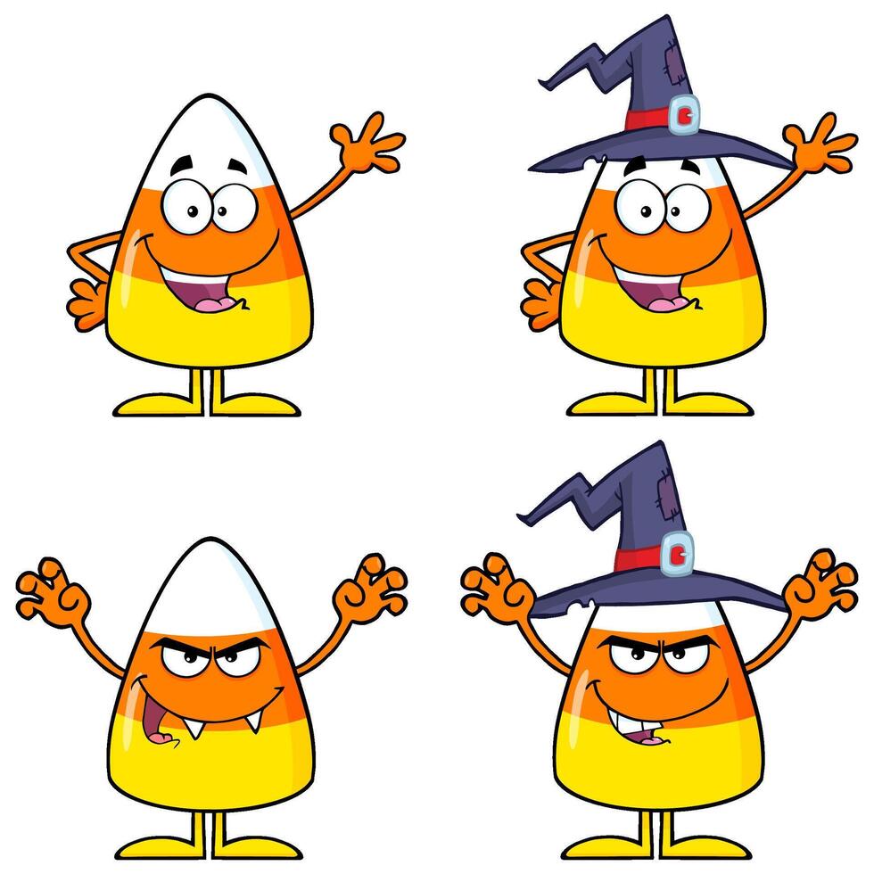 Cartoon Candy Corn Characters With Witch Hats And Scary Faces vector