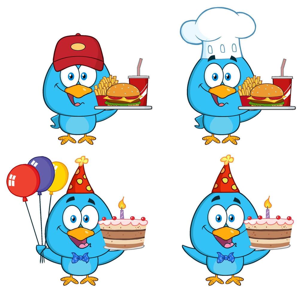 Funny Blue Bird Characters With Birthday And Food Themes vector