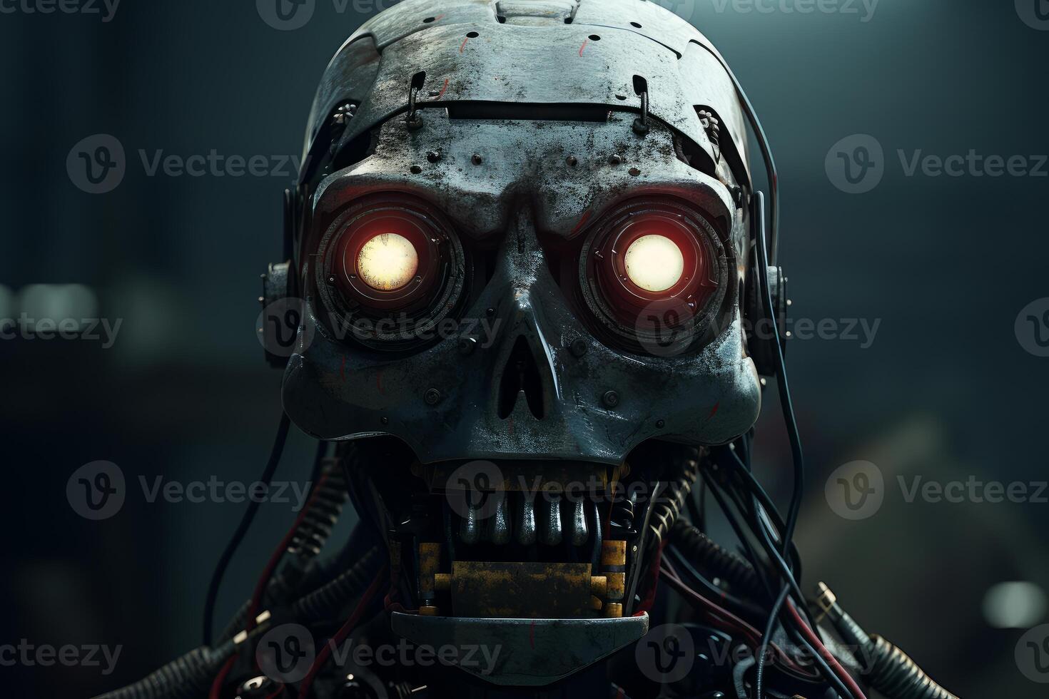 Scary robot skull showing glowing red eyes in futuristic setting photo