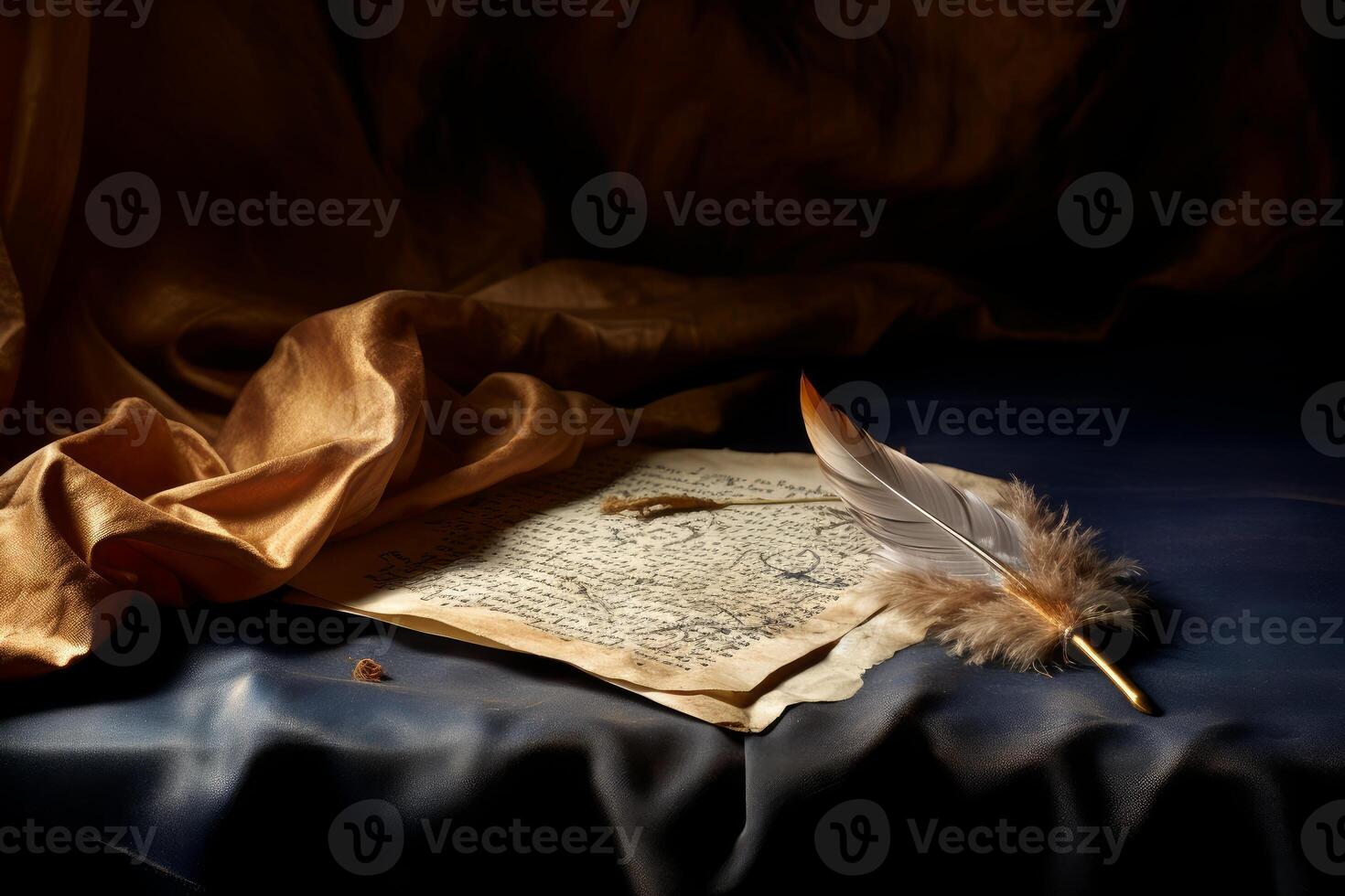 Feather pen resting on ancient manuscript with silk drape photo