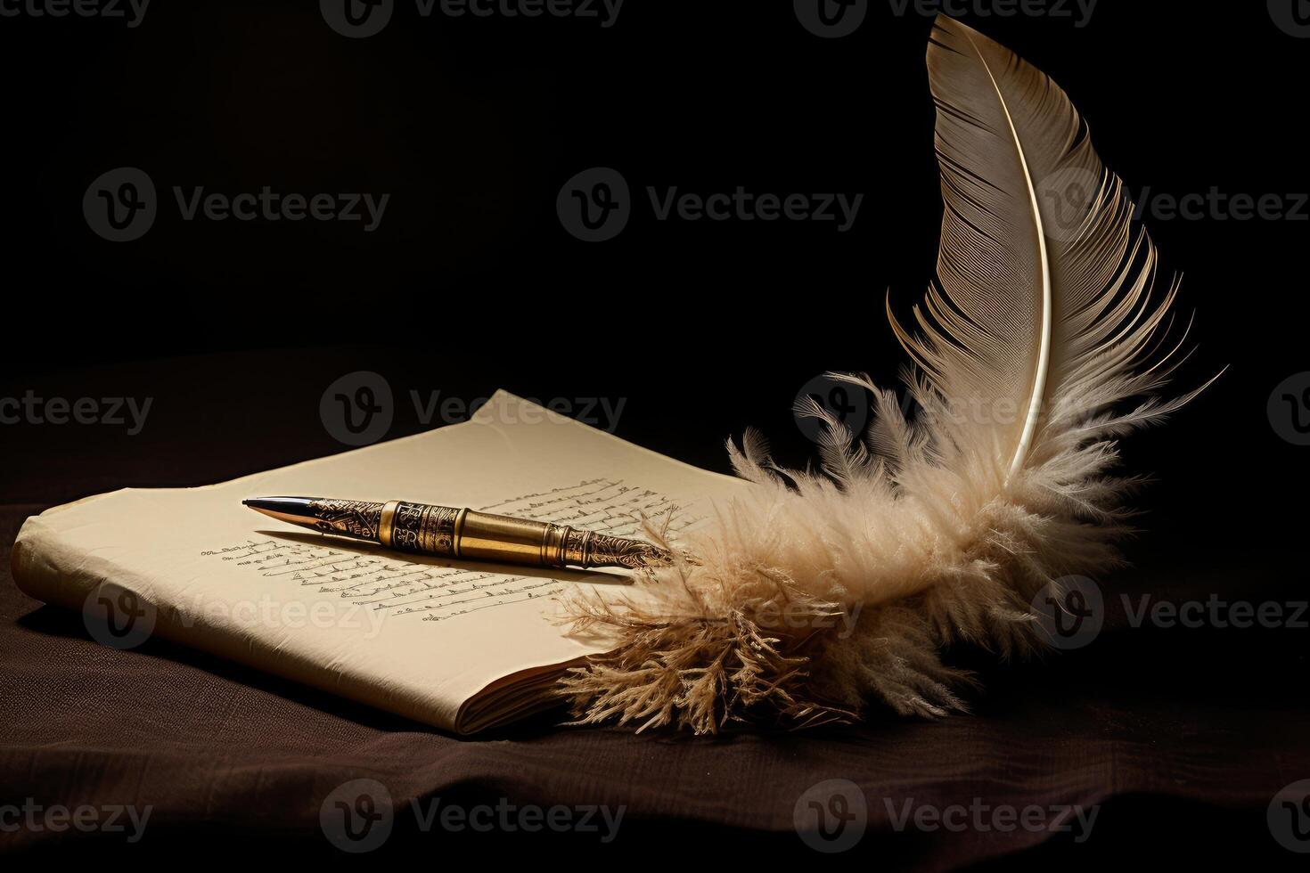 Elegant quill pen resting on antique paper with cursive handwriting and soft lighting photo