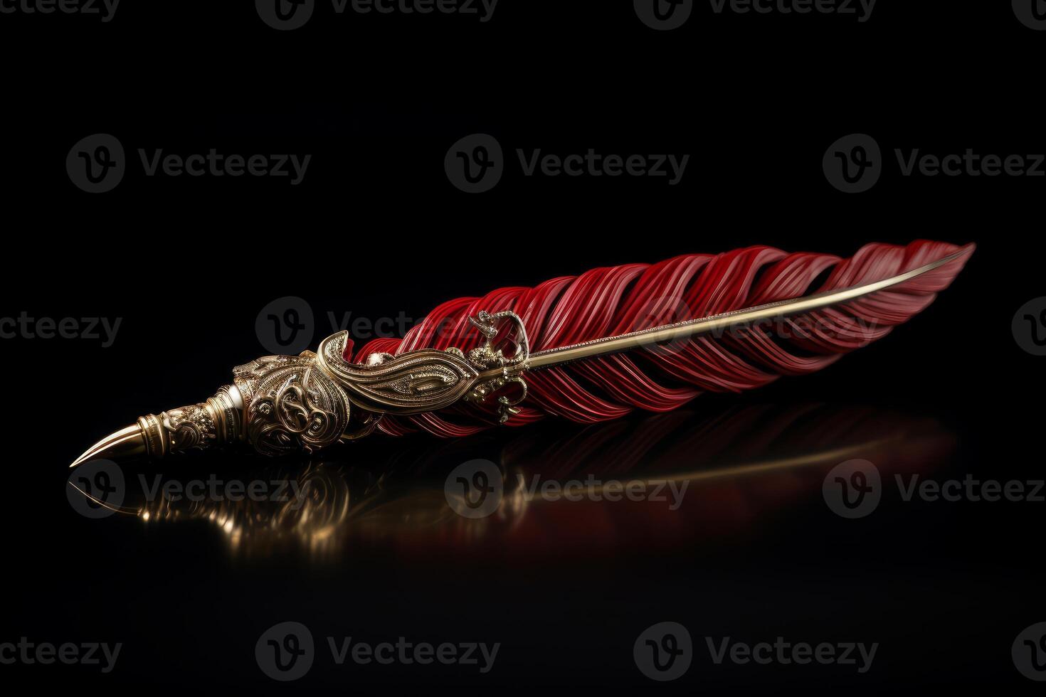 Elegant red feather quill pen resting on reflective black surface photo
