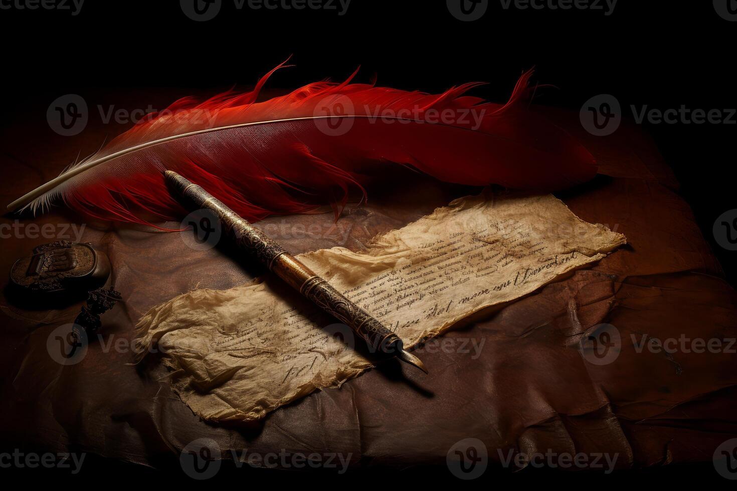 Elegant pen nib lying on old paper with red feather on dark background photo