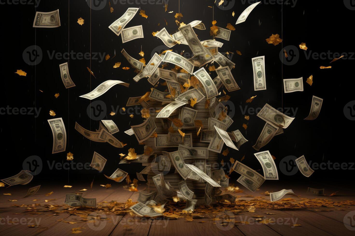 Money and golden leaves falling on a wooden surface creating a pile of cash photo