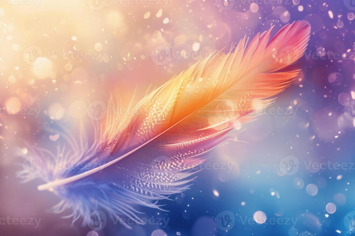 Colorful feather floating on a sparkling background with light leaks photo