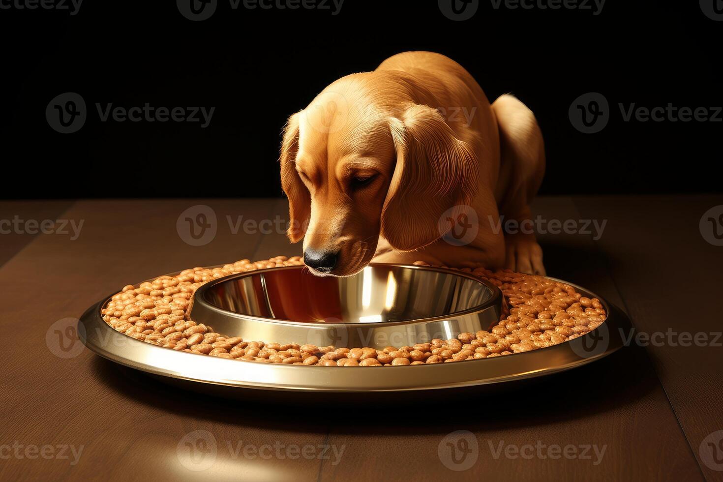 Cute puppy eating kibble from modern bowl on wooden floor photo
