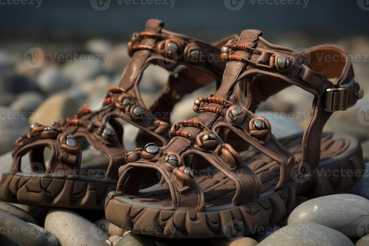 Brown leather sandals resting on smooth river stones photo
