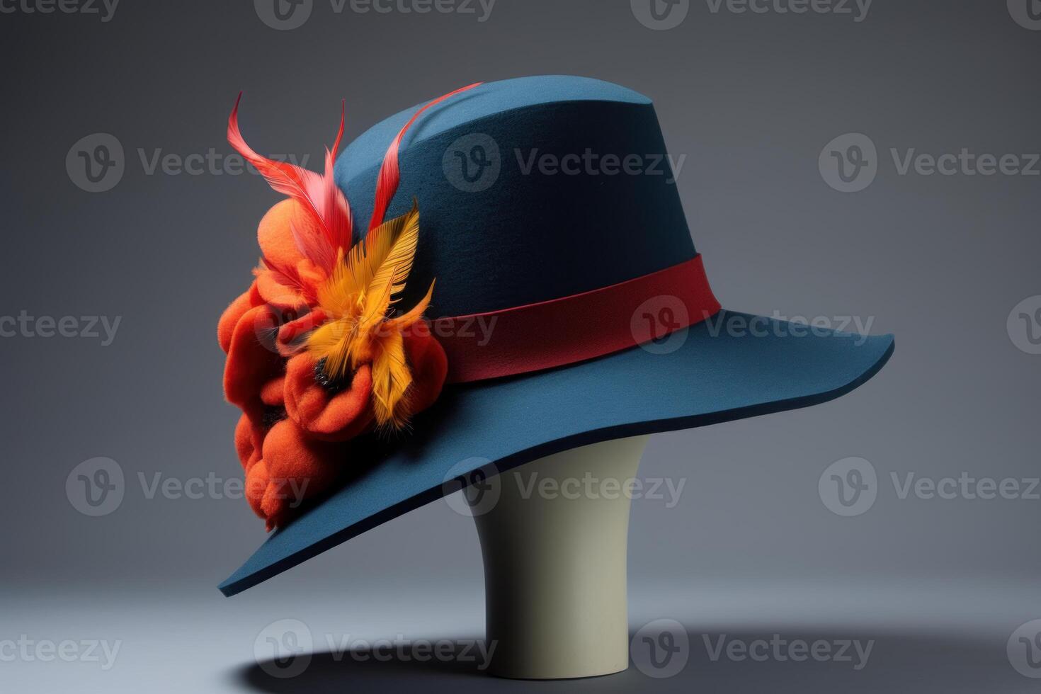 Elegant blue hat with orange flowers and feathers on a mannequin photo