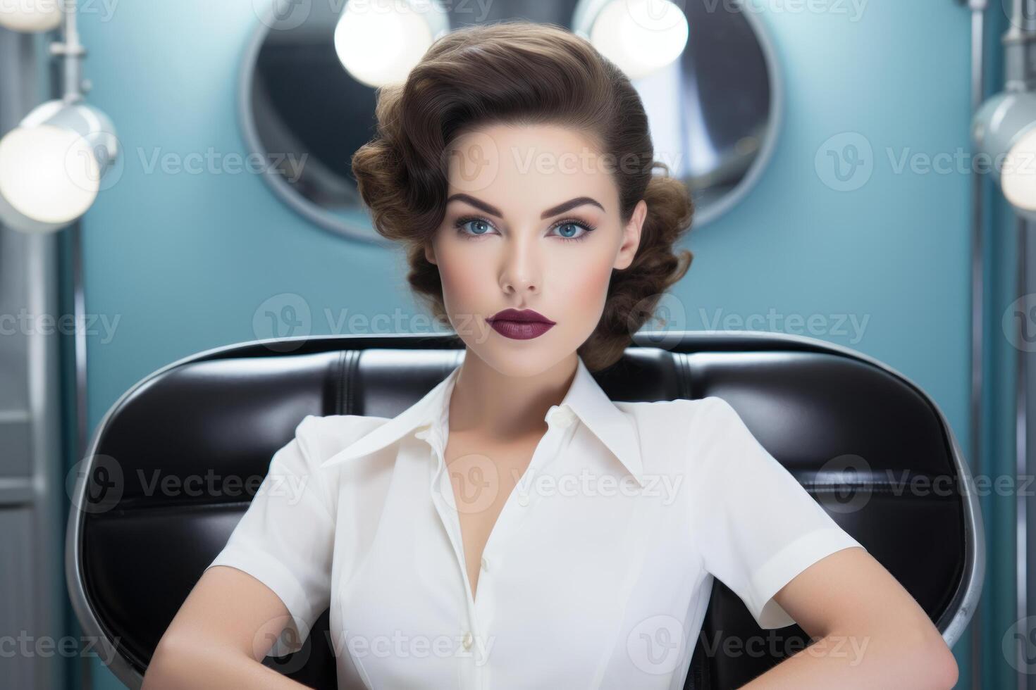 Businesswoman sitting on chair with retro hairstyle and makeup photo