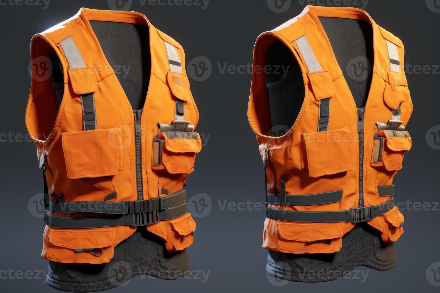 Orange safety vest with reflective stripes and multiple pockets ensuring high visibility and functionality photo
