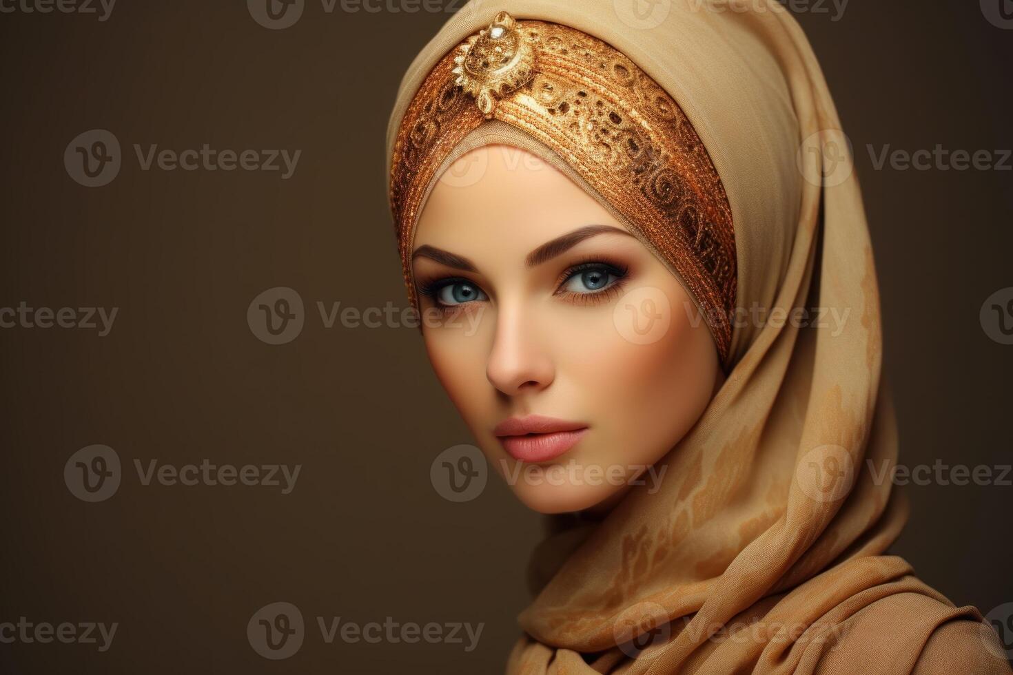 Beautiful muslim woman wearing golden hijab and traditional clothes photo