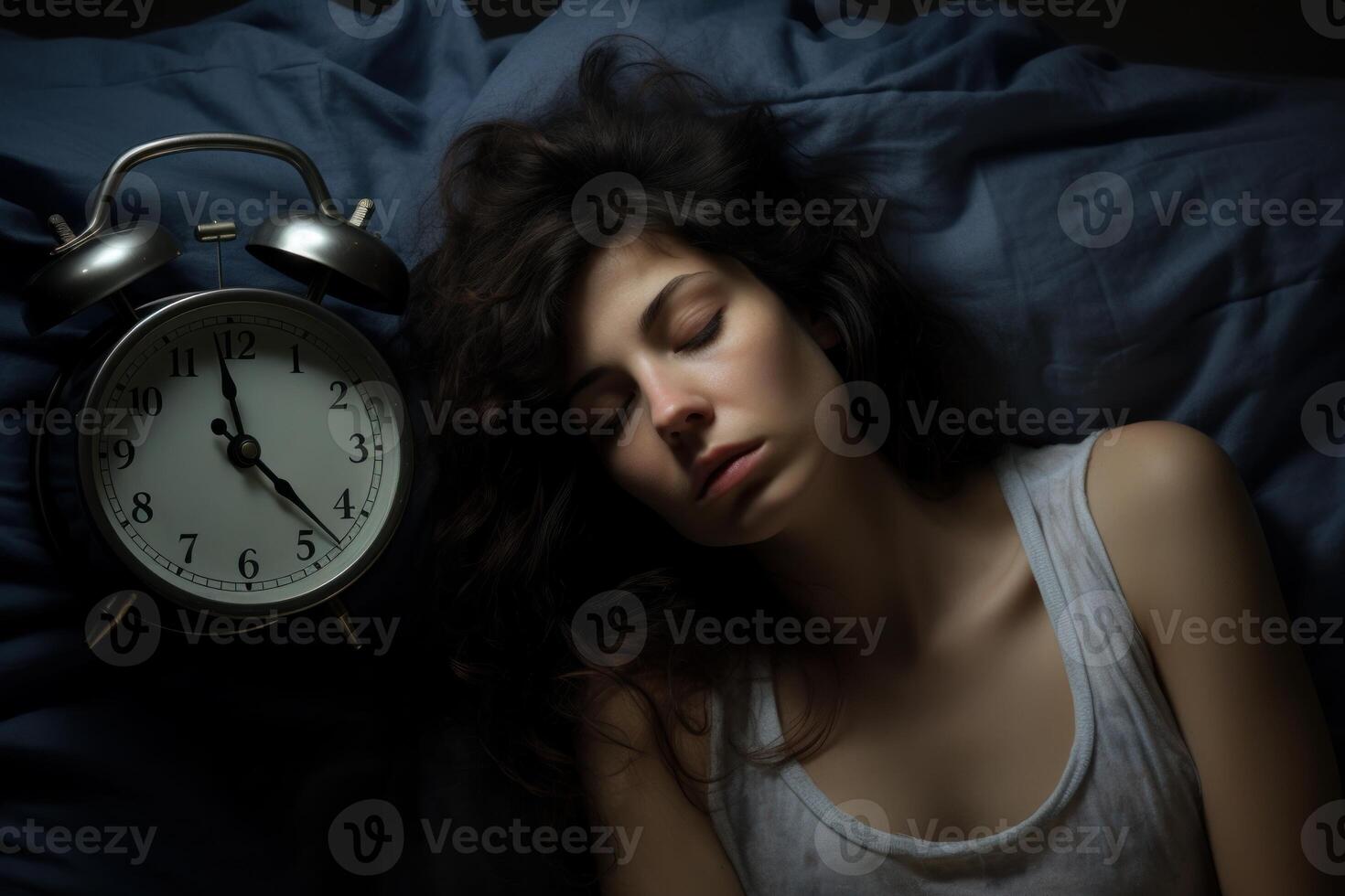 Young woman sleeping peacefully in bed next to alarm clock photo