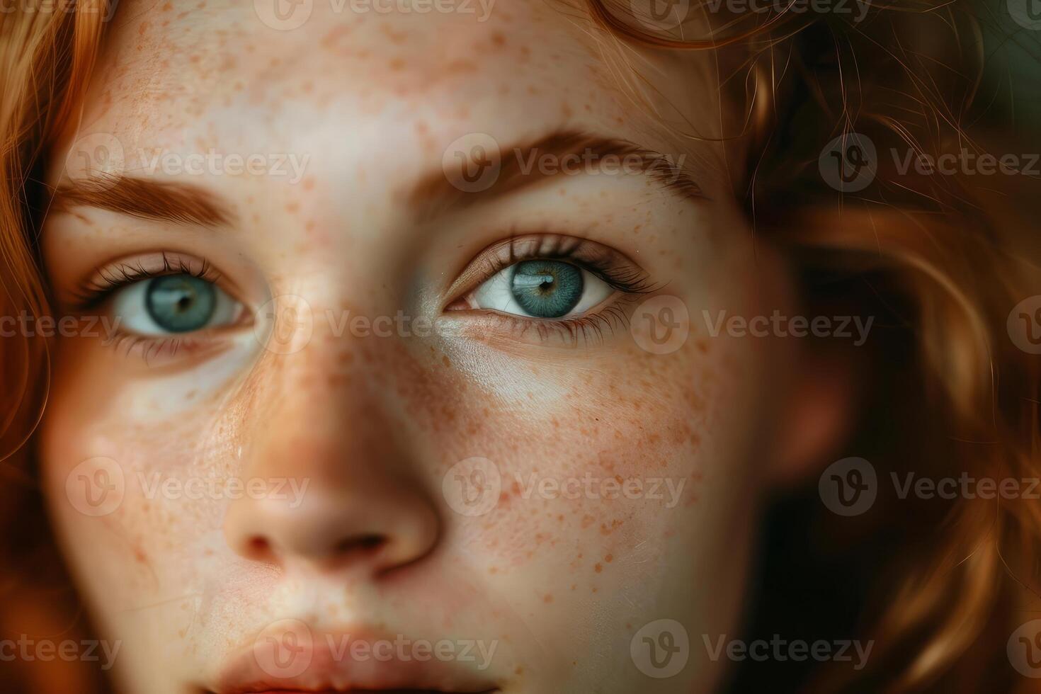 Portrait of redhead caucasian woman showing ephelides and eyes photo